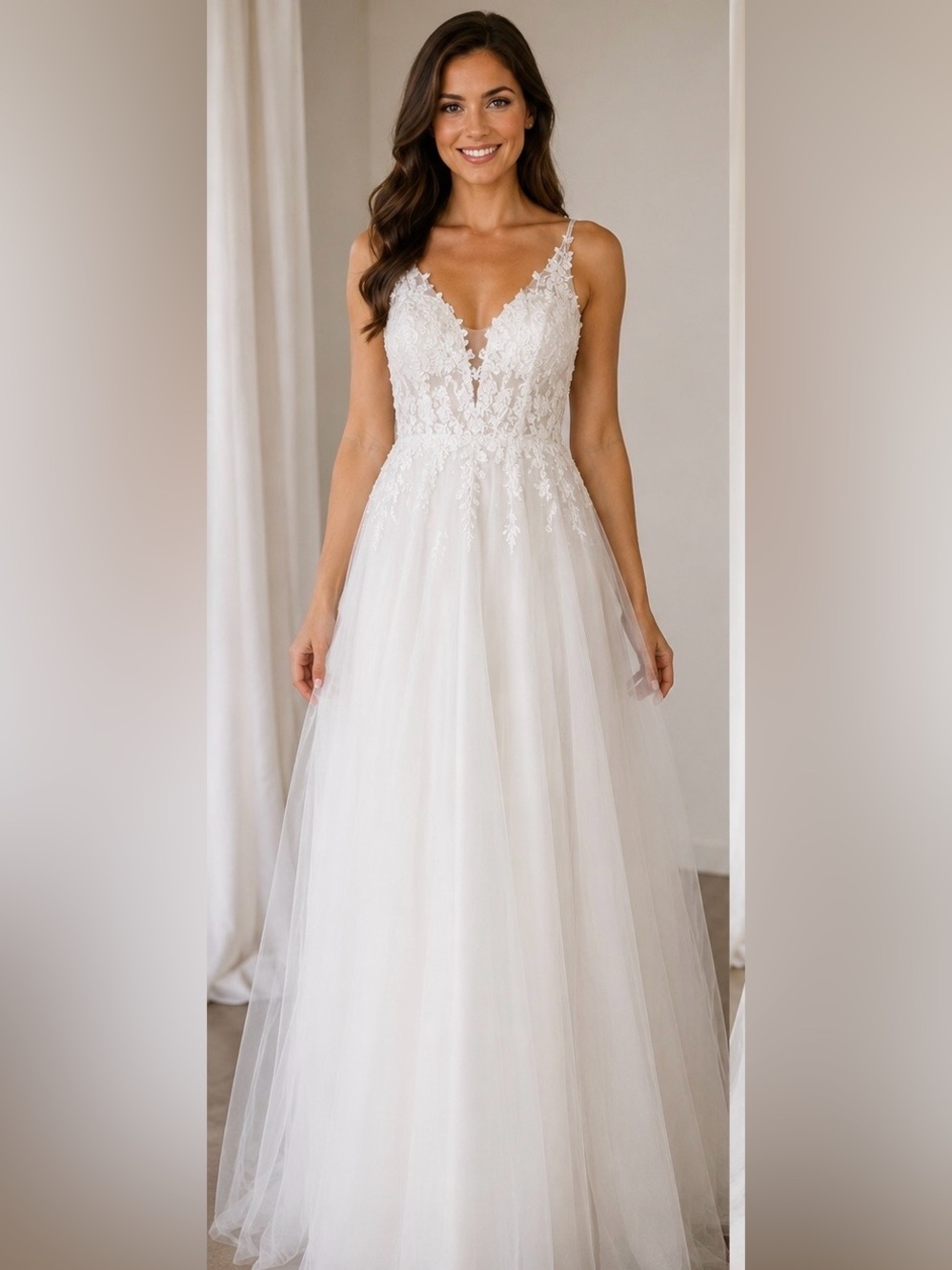 Lace Appliqué V-Neck Tulle Bridal Gown NWT